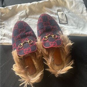Gucci Black and Red Fur Trimmed Loafers